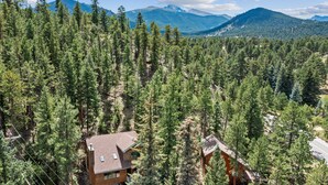 A cabin surrounded by dense forest with a mountain range in the background. - Aspen Brook Riversong by Estes Park Homes (Estes Park)