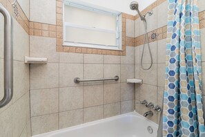 Hair dryer, towels, soap, toilet paper