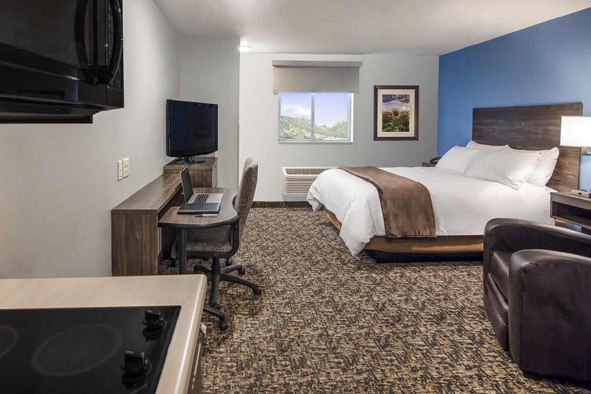 A hotel room with a bed, a desk with a chair, a television, a window with a view, and a kitchenette.
