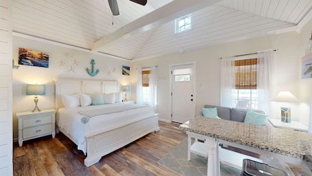 1 bedroom, bed sheets. Coastal Estate – Private Cottage with King Bed & Pool Access