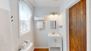 Shower, hair dryer, towels