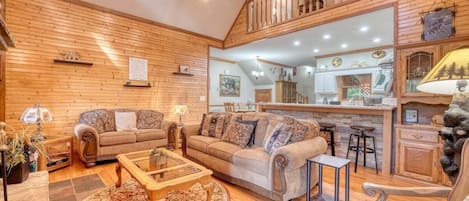 Télévision, cheminée, table de tennis de table, livres