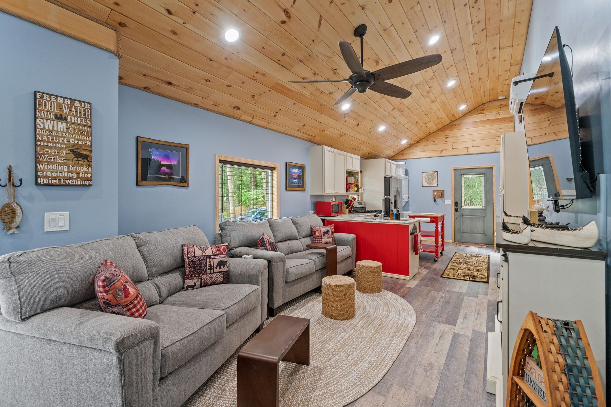 TV connectée, cheminée, livres