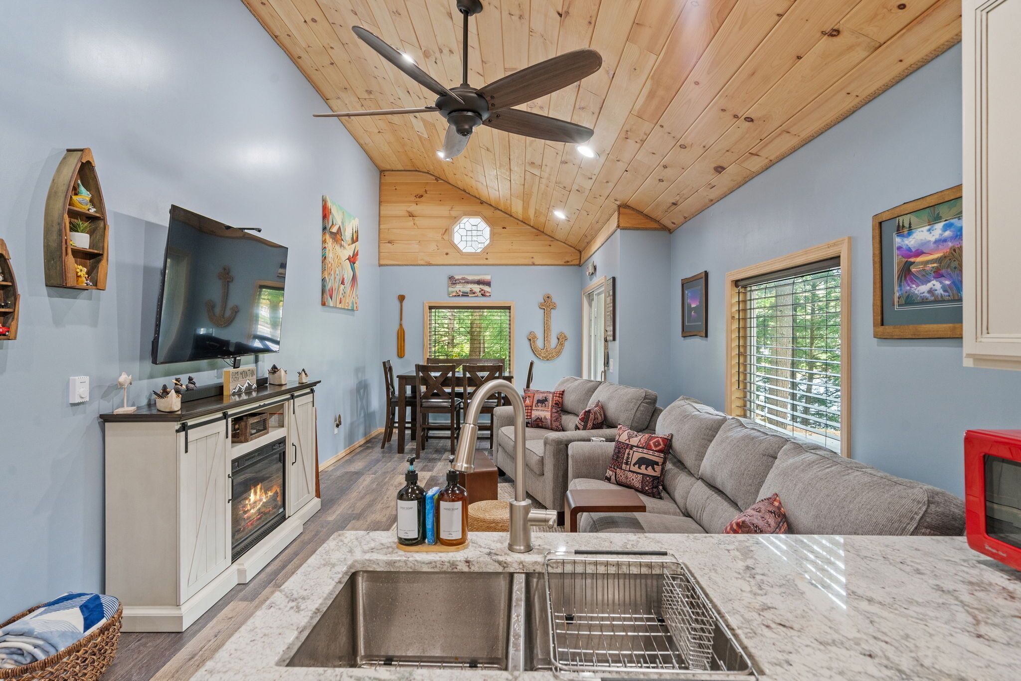 TV connectée, cheminée, livres