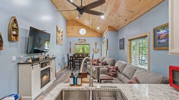 TV connectée, cheminée, livres