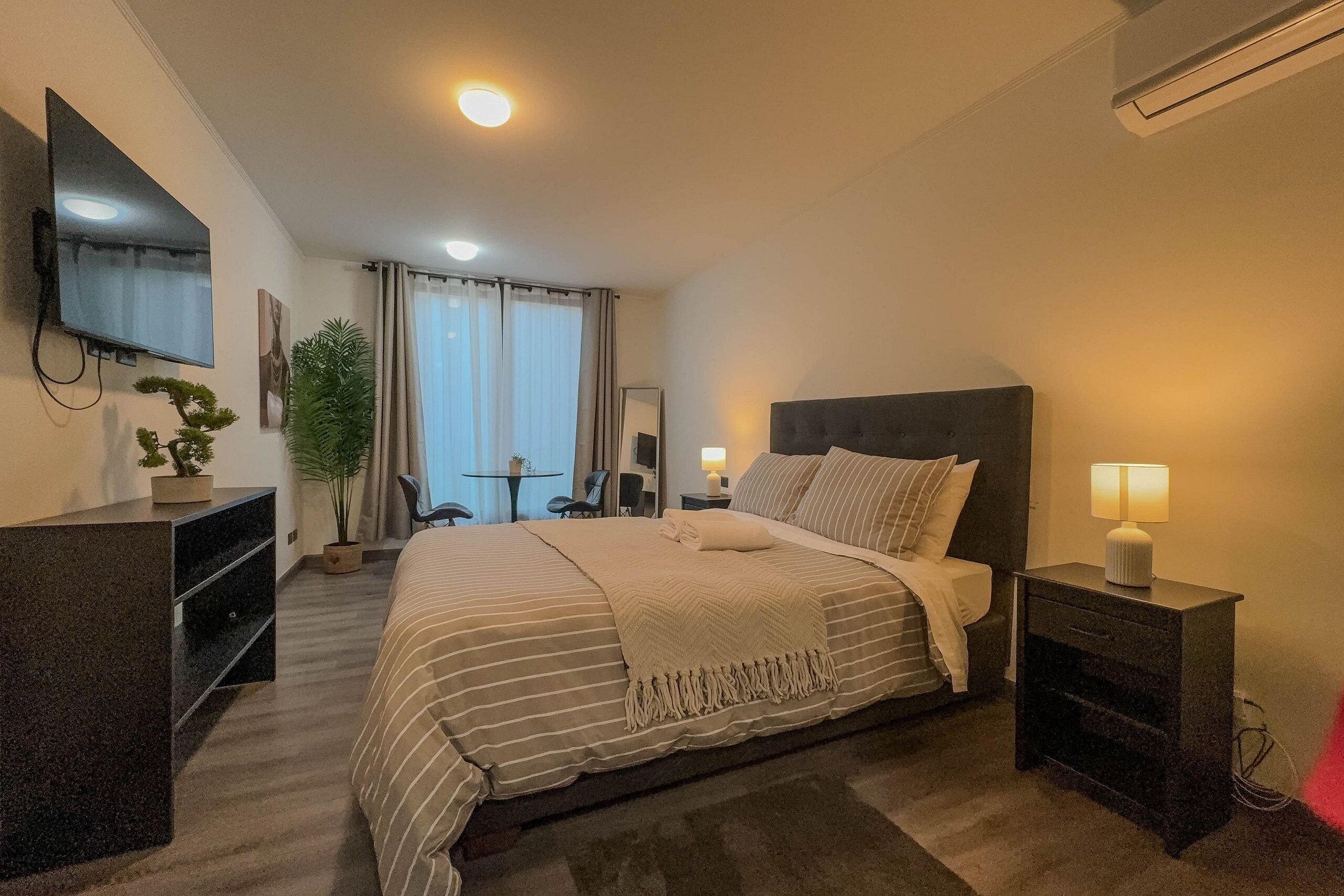 A hotel room with a bed, bedside tables, a TV, a desk, and a potted plant.