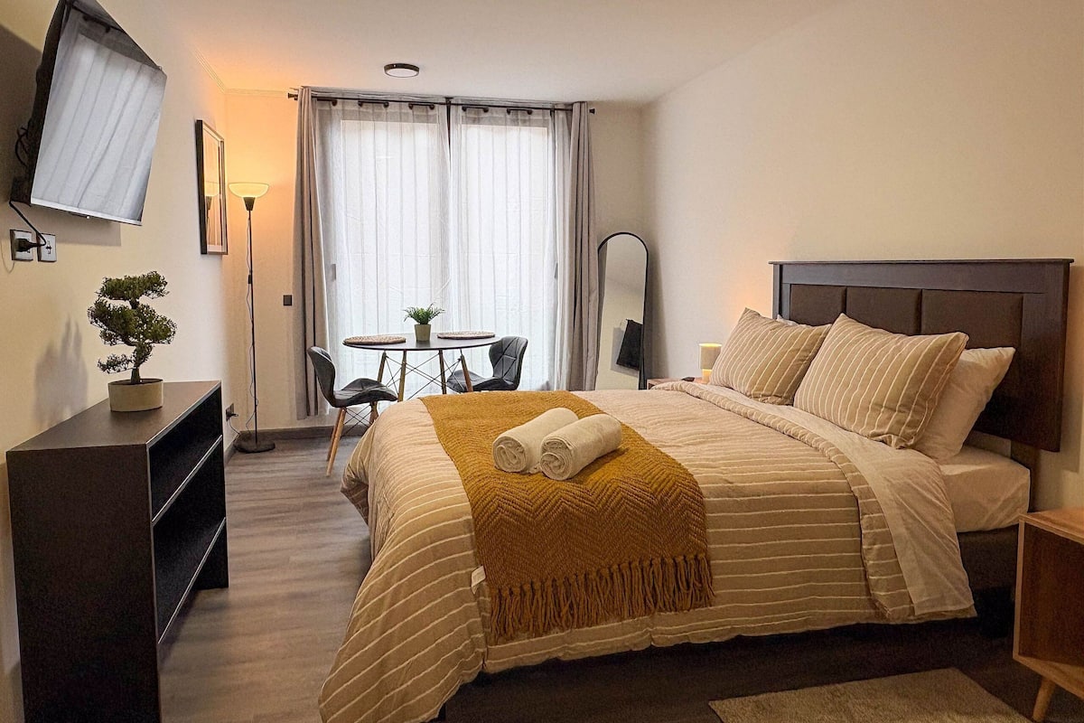 Quarto de hotel com uma cama, uma escrivaninha, uma cadeira, uma mesinha, uma planta em vaso e uma televisão na parede.