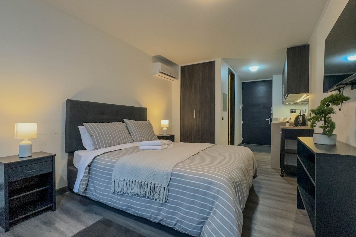 Quarto moderno com cama grande, mesas de cabeceira com abajures, guarda-roupa escuro, escrivaninha com uma planta e um espelho.