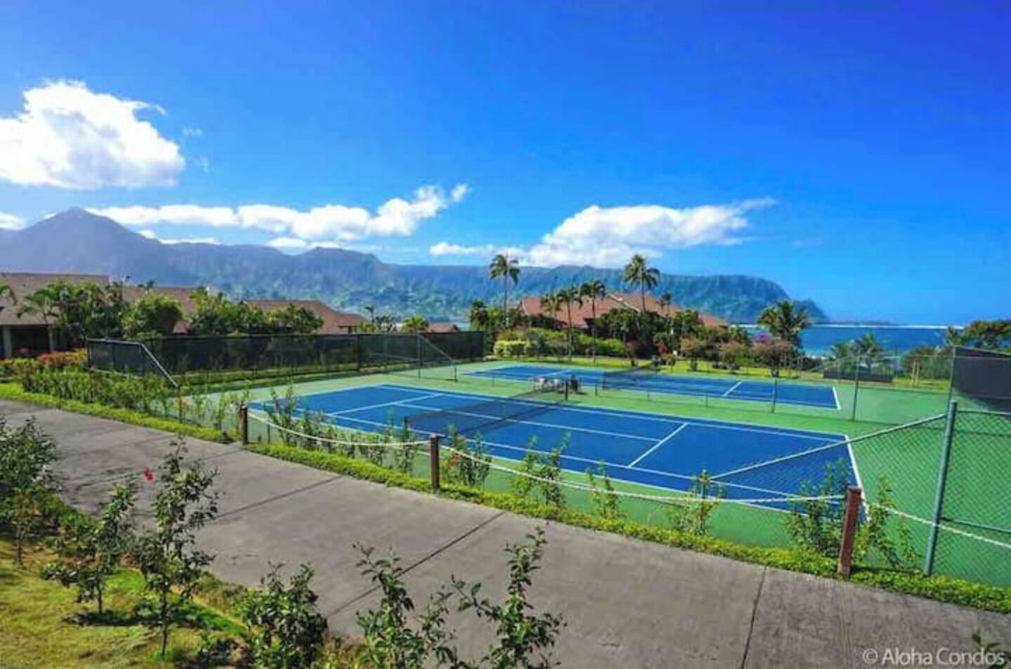 Un court de tennis offrant une vue sur l’océan et les montagnes.