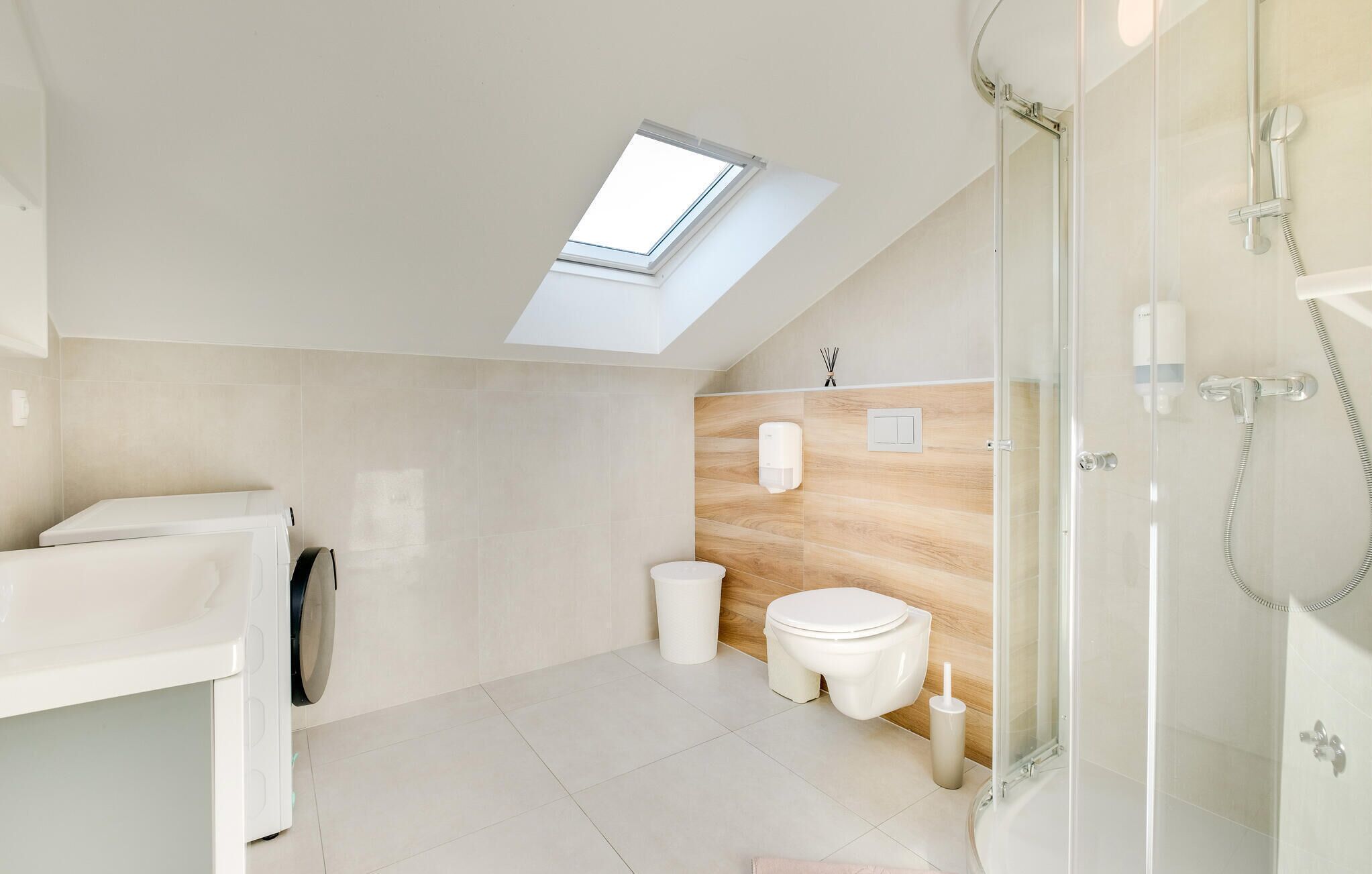 A modern bathroom with a skylight, a glass shower enclosure, and a toilet.