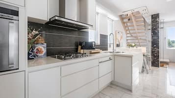 Fridge, microwave, oven, stovetop