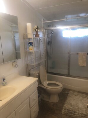 Hair dryer, towels, soap, toilet paper