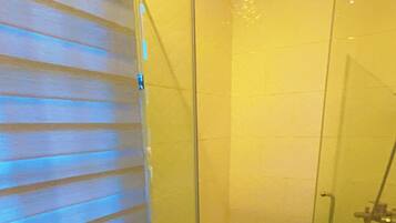 Shower, towels, soap, toilet paper