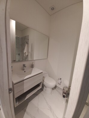 Hair dryer, towels, soap, toilet paper
