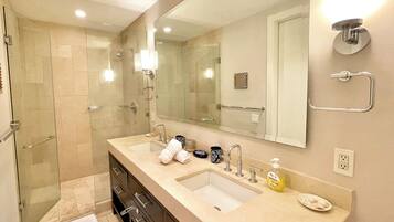 Shower, hair dryer, towels, soap