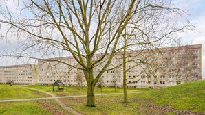 A park with a large tree, a gazebo, and a multi-story building in the background. - 1 bedroom cozy apartment in Anklam (Anklam)