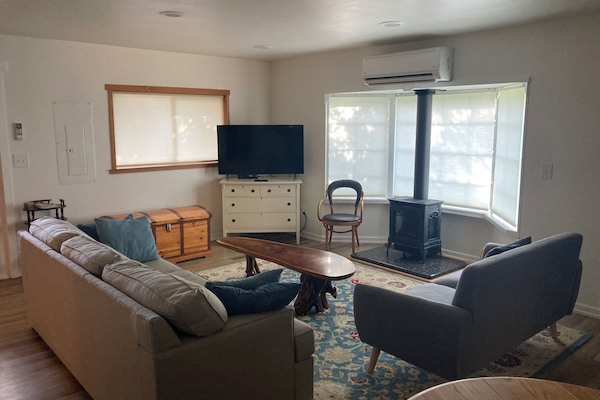 Living room with smart tv, propane fireplace, and sleeper sofa