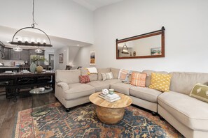 Smart TV, fireplace, table football, books