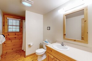 A bathroom with a wooden floor, white walls, a white toilet, a white sink, and a large mirror. - Point Lookout (Lincolnville)