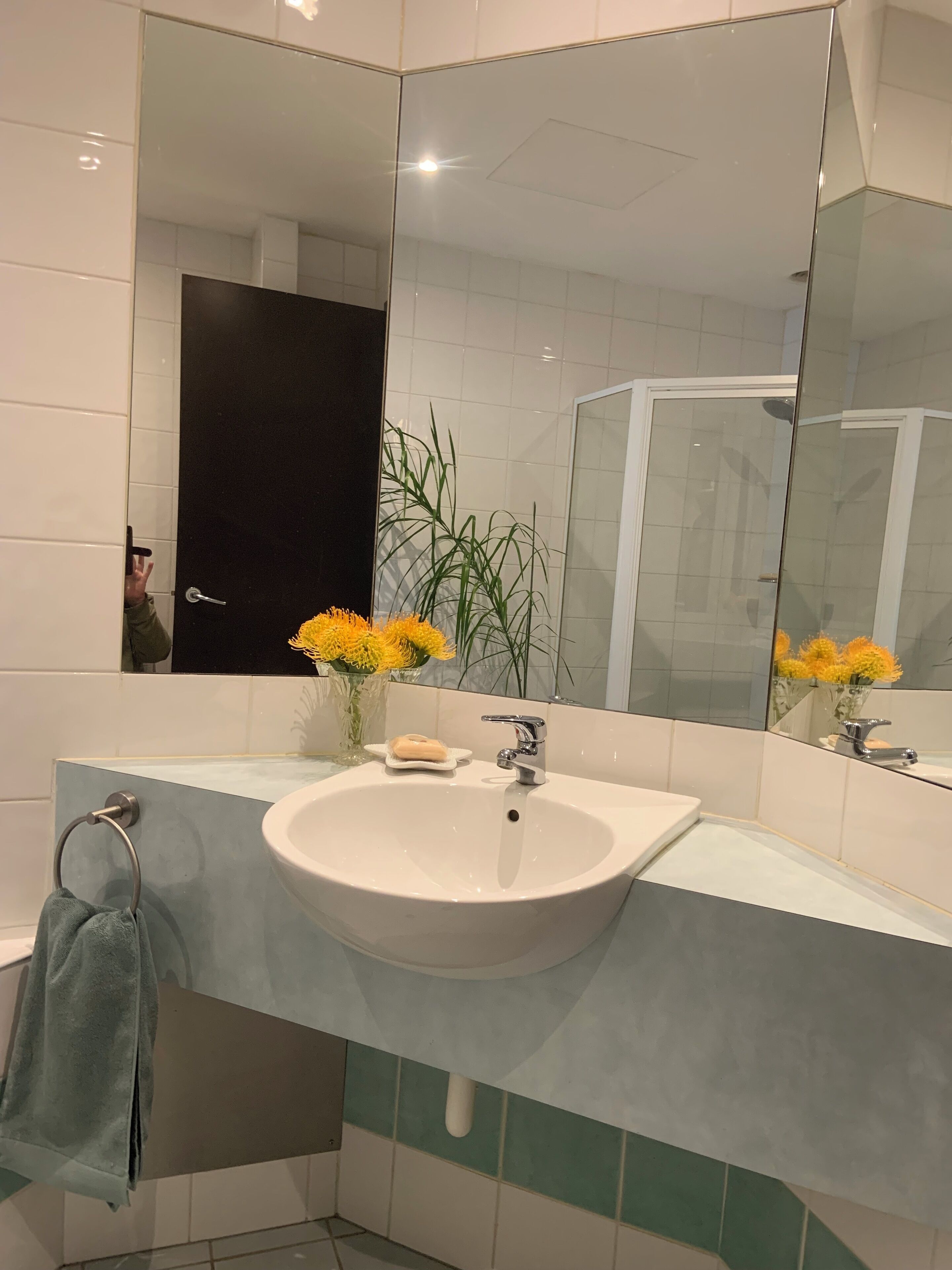 Een badkamer met een grote spiegel, een wastafel, een handdoekhouder en een vaas met gele bloemen.