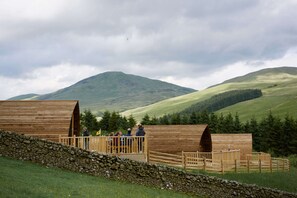 A rustic wooden structure with a stone wall in a grassy field, overlooking a mountain. - Cosy Rural Cabin With Hillside Viewpoint (Moffat)