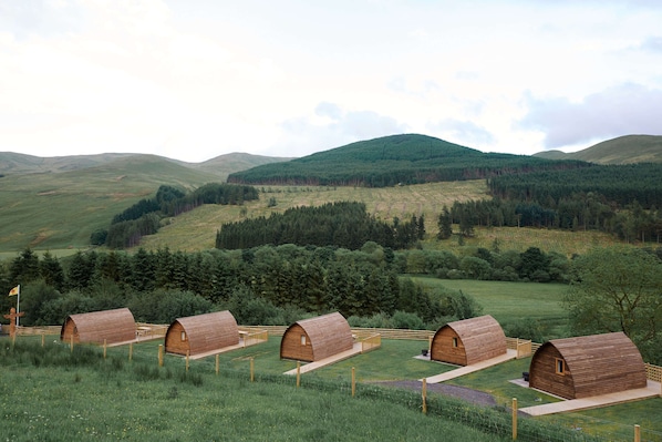 Una hilera de cabañas de madera en un campo de hierba con montañas al fondo.