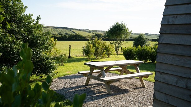 A wooden picnic table in a grassy area with a view of rolling hills in the background. - Cosy Rural Cabin in the Cornish Countryside (Helston)