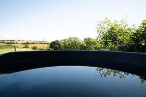 A car's roof reflecting a landscape with trees and open fields. - Cosy Cabin with Hot Tub in the Cornish Countryside (Helston)