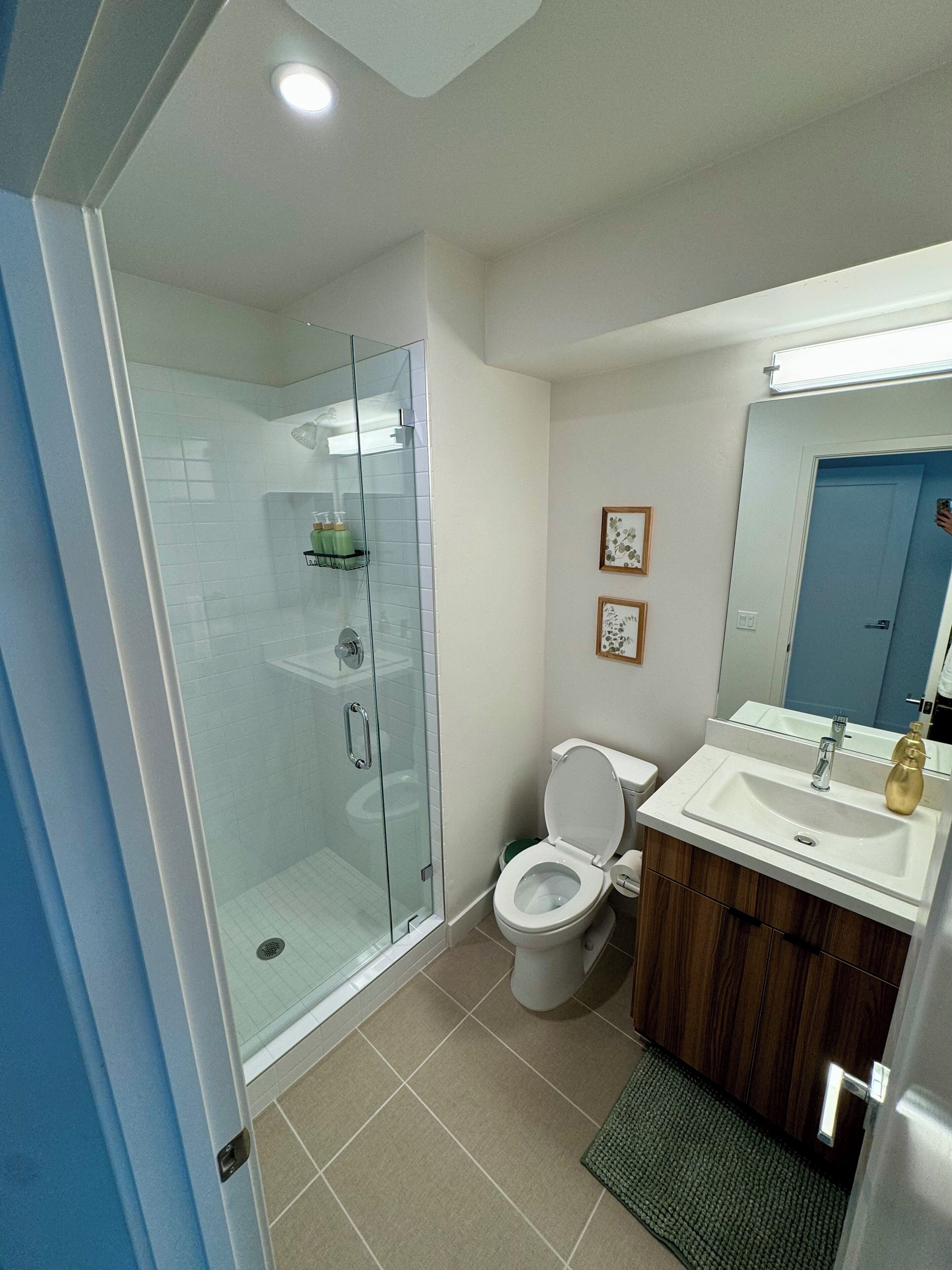 A bathroom with a glass-enclosed shower, a toilet, and a sink with a mirror above it.