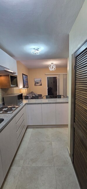 Frigorífico, microondas, horno y placa de cocina