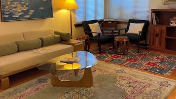 Smart TV, chimenea, libros y biblioteca musical