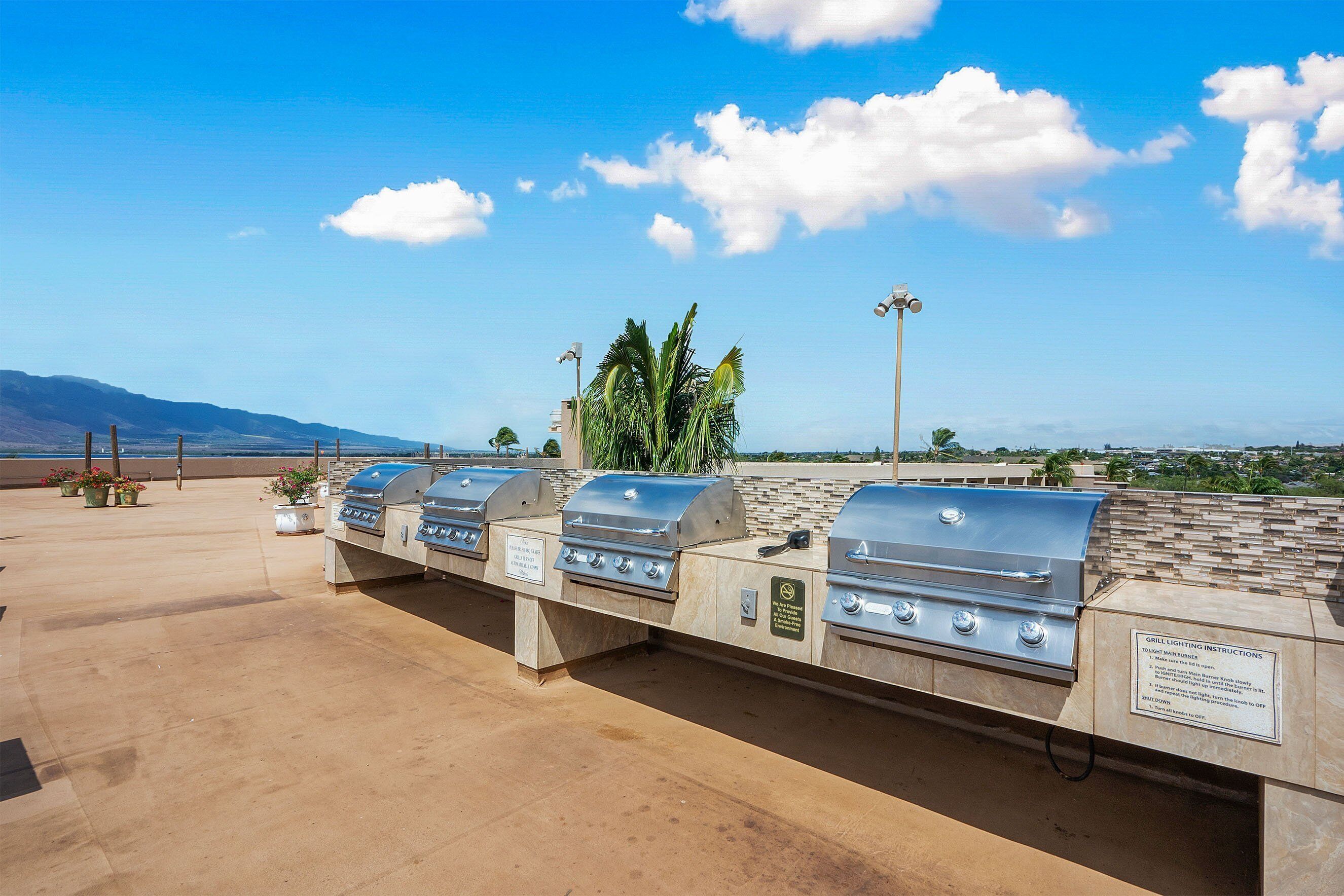 A barbecue area with multiple grills, a clear view of the mountains, and a well-maintained patio.