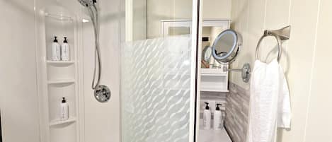 Hair dryer, bidet, towels, soap