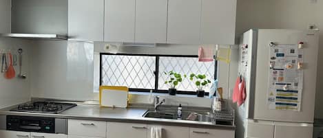 Fridge, microwave, stovetop, cookware/dishes/utensils