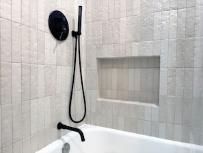 Hair dryer, towels, soap, shampoo