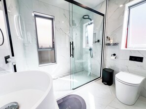 Dusche, Haartrockner, HandtĂŒcher, Seife