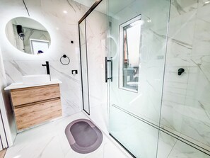 Shower, hair dryer, towels, soap