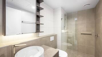 Hair dryer, towels, soap, shampoo
