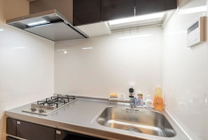 Fridge, microwave, stovetop, cookware/dishes/utensils