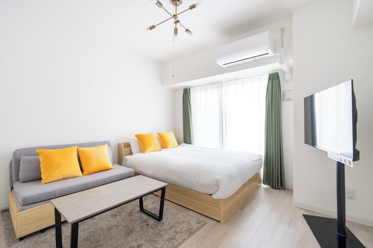 A hotel room with a bed, a sofa, a TV, and an air conditioning unit.