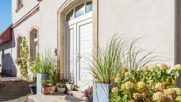 A building with a white door, multiple windows, and potted plants in front. - Erz-Apartment Holiday Flat with Free Minibar and Wi-Fi (Jahnsdorf/Erzgeb)