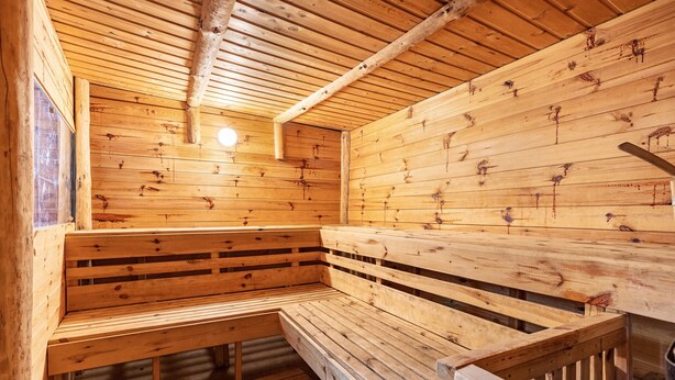 A wooden sauna with benches and a sloped ceiling.