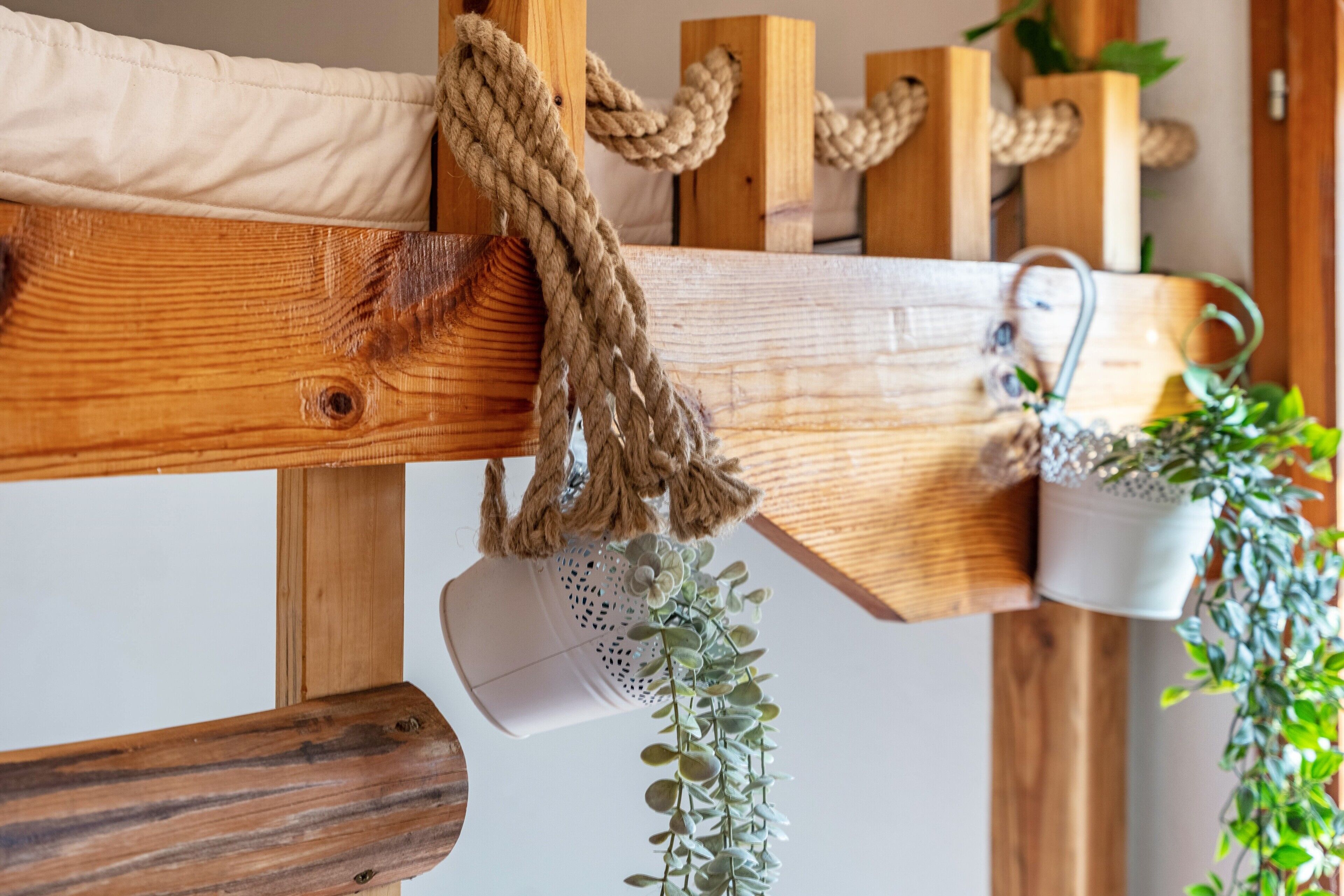 A wooden structure with ropes, a white pot, and a hanging plant.