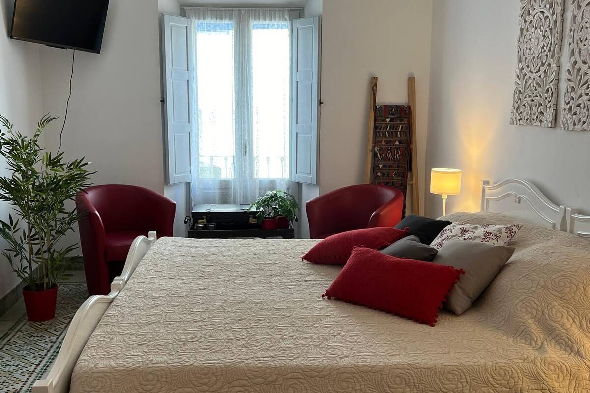 A hotel room with a bed, two red chairs, a television, a window with curtains, a plant, and a lamp.