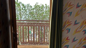 Une pièce avec un balcon, un tapis vert et des rideaux à motifs.