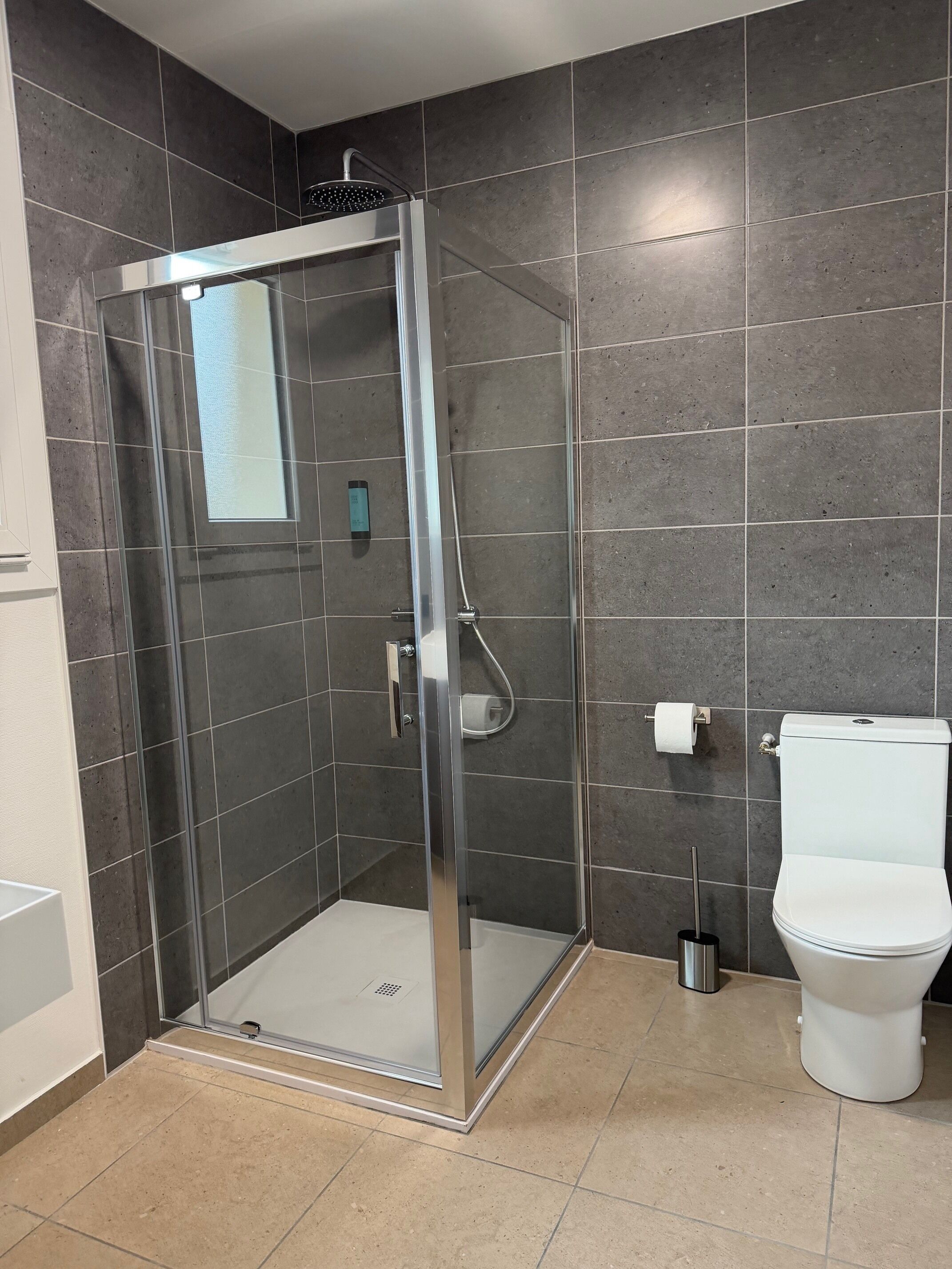 A modern bathroom with a glass-enclosed shower, a white toilet, and dark tiled walls.