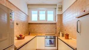 Une cuisine compacte dotée d’un four encastré, d’un évier et d’une fenêtre située au-dessus du plan de travail.