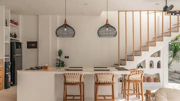 Comfort Villa, Patio, Beach View | Private kitchen | Fridge, microwave, stovetop, blender