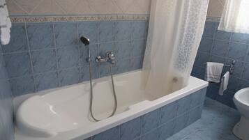 Hair dryer, bidet, towels, soap