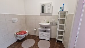 Douche, séchoir à cheveux, serviettes fournies, savon